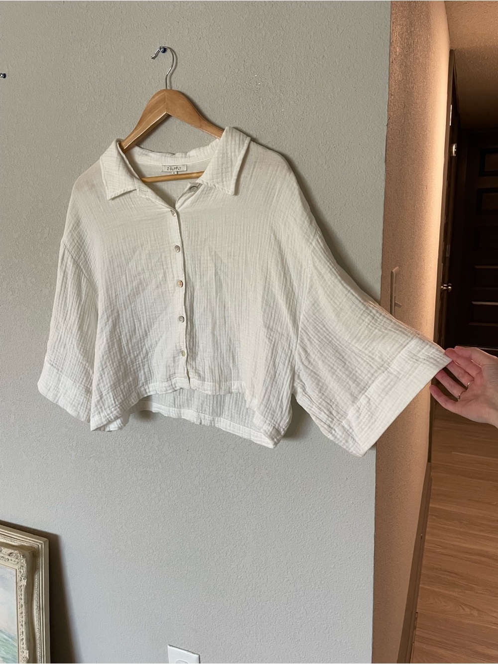 Z Supply White Gauze Button-Front Collared Crop Blouse Dolman Sleeve Boho Summer - Picture 6 of 7